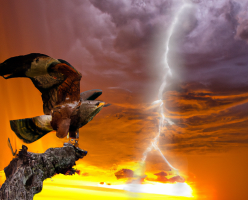 an eagle in a sunset with lightnings